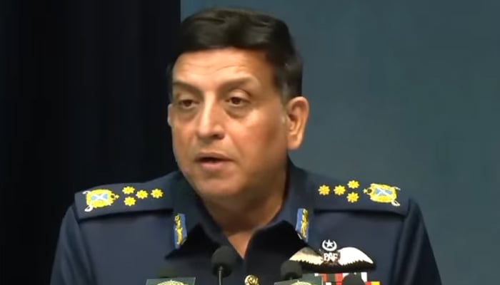Air Chief Marshal Zaheer Ahmad Babar Sidhu addressing an event in Islamabad, on May 7, 2026. — Geo News