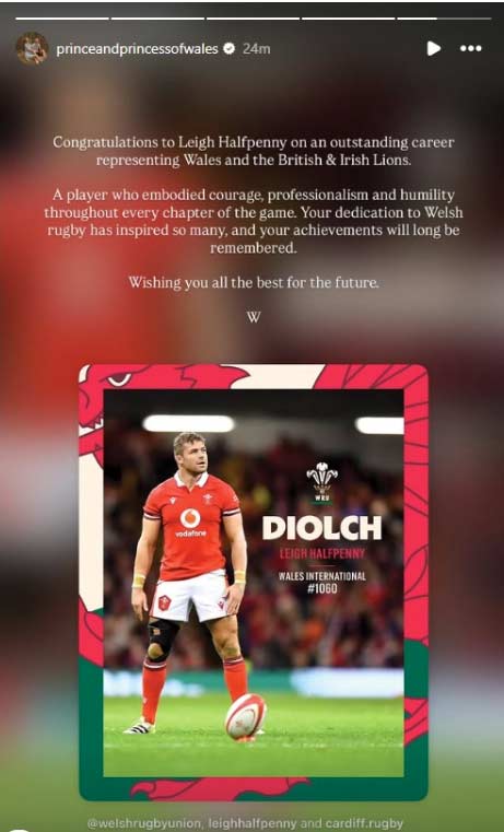 Prince William pens personal message for Welsh rugby icon