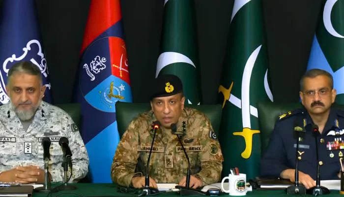 (From left) Rear Admiral Shifaat Ali Khan, ISPR DG Lieutenant General Ahmed Sharif Chaudhry and Air Vice Marshal Tariq Ghazi addressing a press conference on May 7, 2026. — Screengrab via Geo News