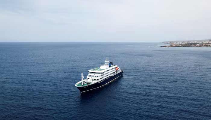 A drone view of the cruise ship MV Hondius, carrying passengers suspected of having cases of hantavirus on board, as it prepares to leave Praia, Cape Verde, May 6, 2026.— Reuters/File