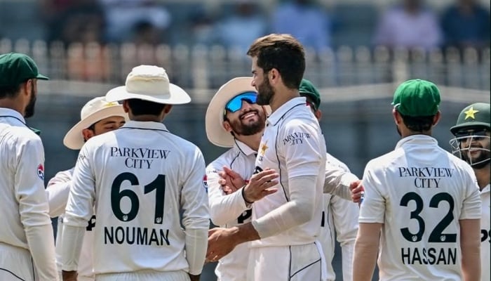Pakistan pacer Shaheen Afridi celebrates after taking the wicket of Mahmudul Hasan Joy during day one of the first Test match against Bangladesh at Shere Bangla National Stadium in Mirpur, May 8, 2026. — PCB