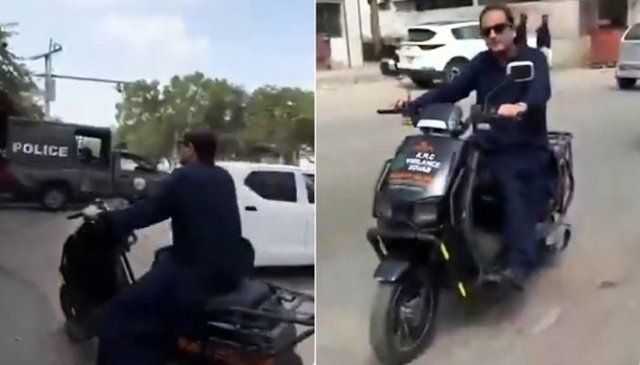 This collage shows Karachi Mayor Murtaza Wahab rides e-bike. — Screengrab via Geo News