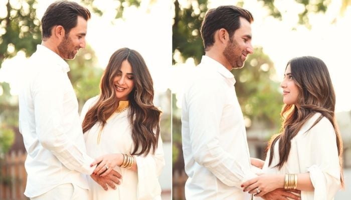 Actor Ushna Shah poses with her husband Hamza Amin in picture. — Instagram/@iam3h