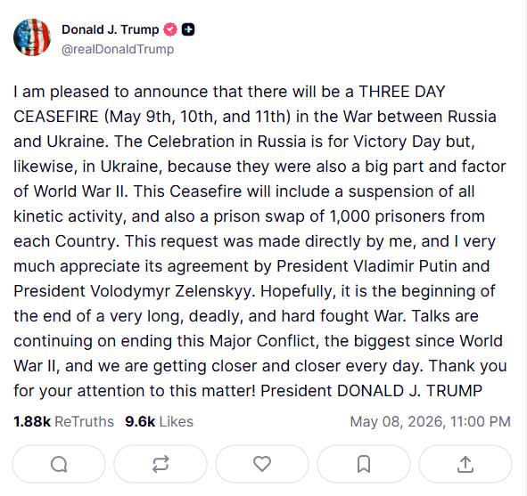 Trump announces three-day ceasefire between Russia and Ukraine