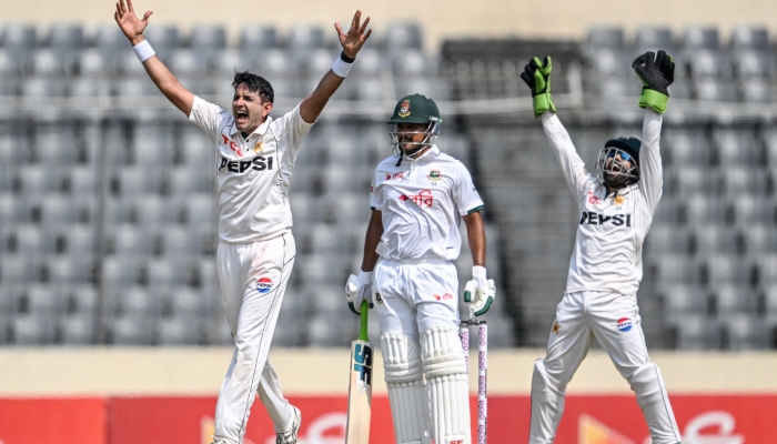 Pakistans Mohammad Abbas (left) appeals during  first Test against Bangladesh at the Sher-e-Bangla National Stadium in Dhaka on May 9, 2026. X@@TheRealPCB
