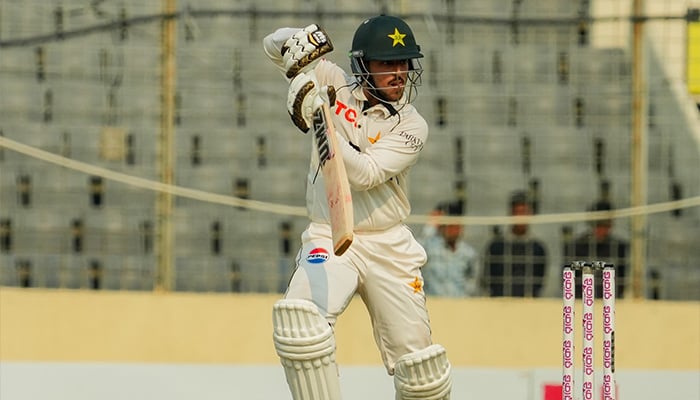 Pakistan opener Azan Awais plays a shot during day two of the first Test against Bangladesh at the Sher-e-Bangla National Cricket Stadium in Mirpur, Dhaka, on May 9, 2026. — PCB