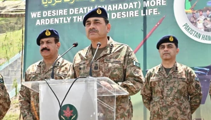 Field Marshal Syed Asim Munir addresses frontline troops deployed at the LoC in his visit on the occasion of Eid ul Adha on June 7, 2025. — ISPR