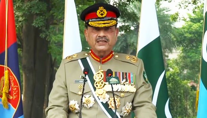Chief of Defence Forces and Chief of Army Staff Field Marshal Syed Asim Munir is addressing a special ceremony to commemorate the first anniversary of Marka-e-Haq held at the General Headquarters (GHQ), Rawalpindi, on May 10, 2026. — Screengrab via Geo News