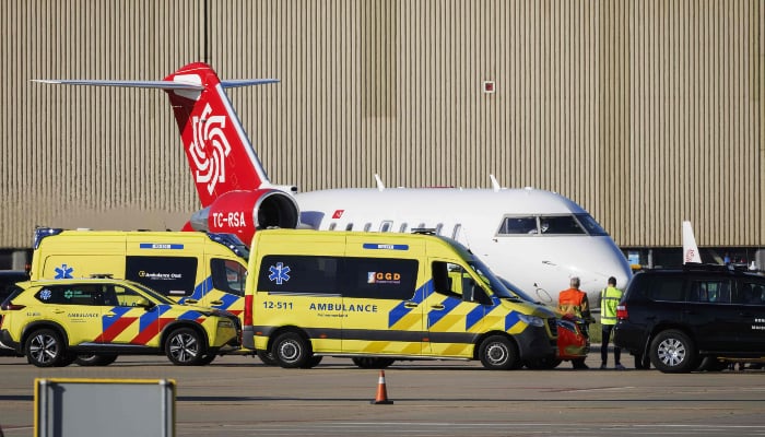 Second plane believed to be carrying a sick passenger from the hantavirus-hit cruise ship MV Hondius, arrives at the Schiphol airport, near Amsterdam, on May 7, 2026. — AFP