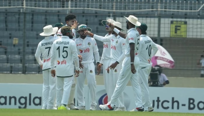 Bangladeshi players celeberate after taking a wicket during first Test against Pakistan  at the Sher-e-Bangla National Cricket Stadium in Dhaka on May 10, 2026. — BCB