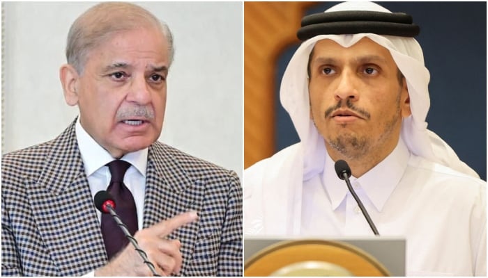 Prime Minister Shehbaz Sharif (left) and Qatars Prime Minister and Foreign Minister Sheikh Mohammed bin Abdulrahman Al Jassim Al Thani. — Online/Reuters/File