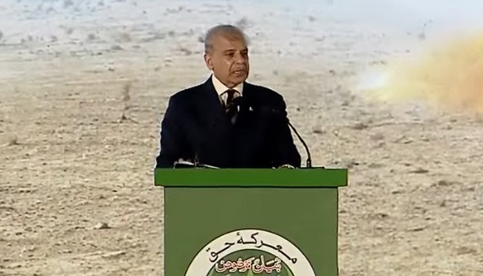 Prime Minister Shehbaz Sharif addresses an event, marking the first anniversary of the Marka-e-Haq victory, Islamabad, May 10, 2026. — Screengrab via YouTube/Geo News