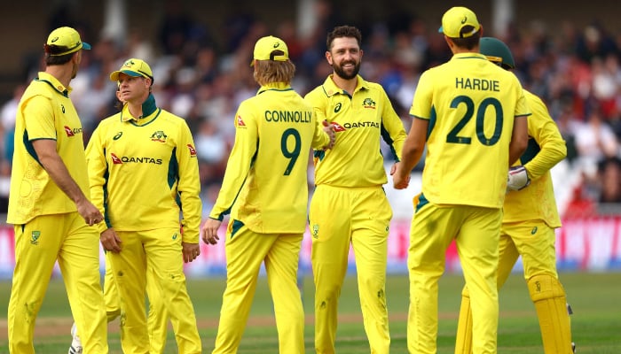 Australias Matt Short celebrates with teammates after taking the wicket of Englands Jamie Smith, Trent Bridge Cricket Ground, Nottingham, Britain, September 19, 2024. — Reutetrs