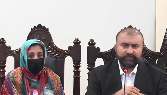 Balochistan Chief Minister Sarfraz Bugti, along with a suspected female suicide bomber, addresses a press conference in Quetta on May 11, 2026. — Screengrab via Geo News