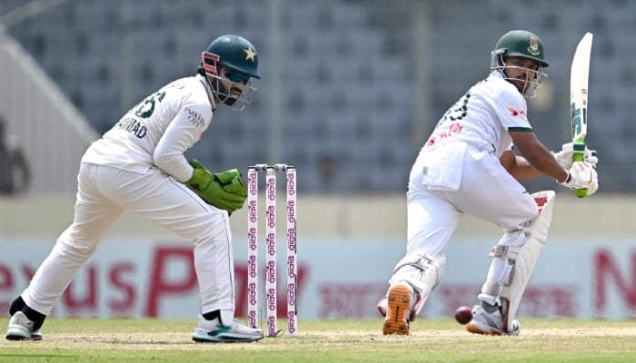 Bangladesh skipper Najmul Hossain Shanto plays shot against Pakistan in the first Test at the Sher-e-Bangla National Cricket Stadium in Mirpur, Dhaka, on May 12, 2026. — AFP