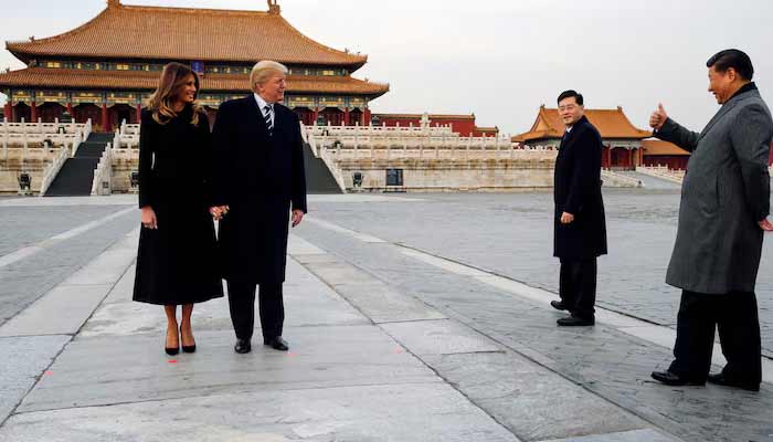 US President Donald Trump and US first lady Melania visit the Forbidden City with Chinas President Xi Jinping in Beijing, China, November 8, 2017. — Reuters/File