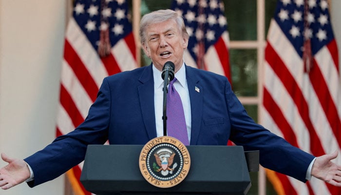US President Donald Trump gestures while delivering remarks as he hosts his second Rose Garden Club dinner in honour of Police Week at the White House in Washington, DC, US, May 11, 2026. — Reuters