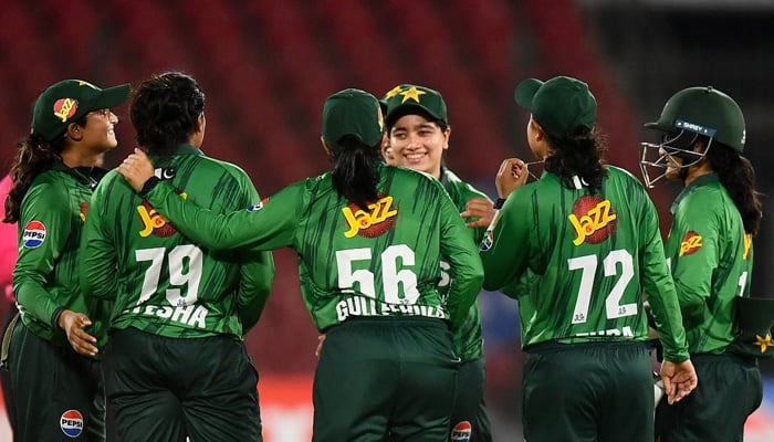 Pakistan players celebrate a wicket during their first T20I against Zimbabwe at the National Bank Stadium in Karachi on May 12, 2026. — PCB