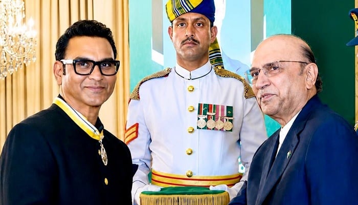 British-Pakistani entrepreneur and educationist Prof Dr Sarwar Muhammad Khawaja receives his award from President Asif Ali Zardari at an investiture ceremony held at the President House on May 13, 2026. —PID