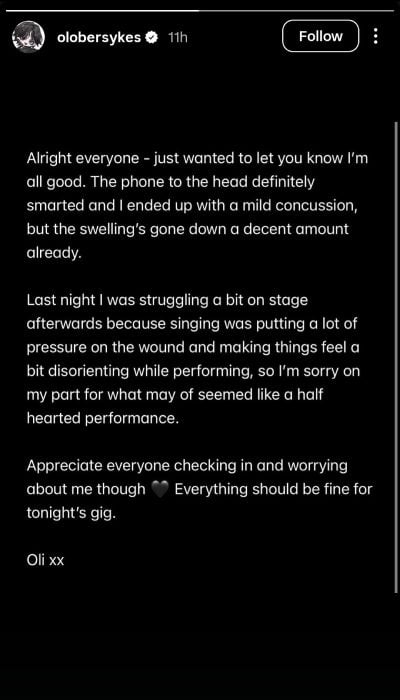 Bring Me the Horizon singer Oliver Sykes shares update after concussion