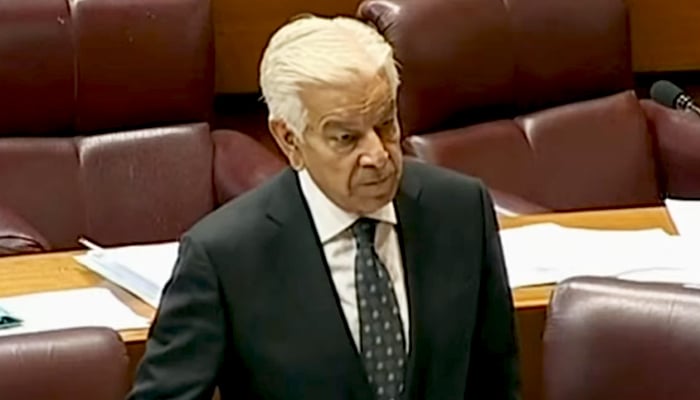 Defence Minister Khawaja Asif addressing the National Assembly in Islamabad, on May 13, 2026. — Geo News