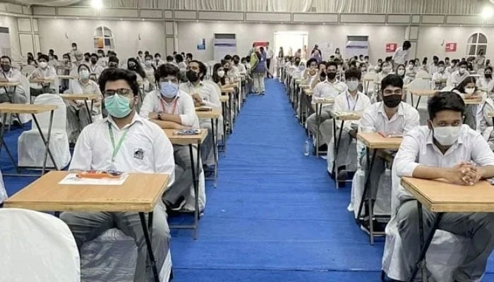 Students can be seen in an examination hall in Karachi during Cambridge exams on April 26, 2021. — X/Deputy Commissioner South Karachi