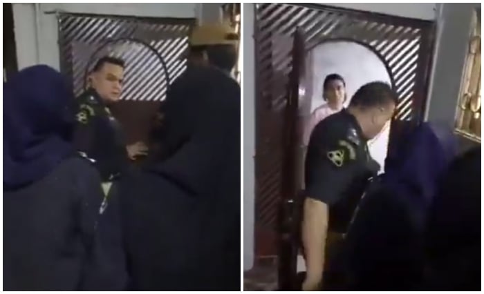 This collage of photos show police raiding apartment to arrest alleged drug peddler Anmol alias Pinky. — Screengrab via Geo News