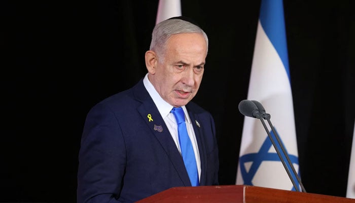 Israeli Prime Minister Benjamin Netanyahu participates in the state memorial ceremony for the fallen of the Iron Swords War on Mount Herzl, in Jerusalem, 16 October 2025. — Reuters