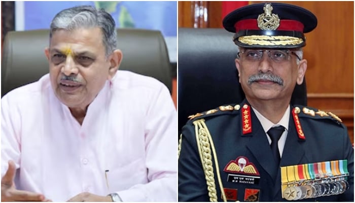 This collage shows RSS General Secretary Dattatreya Hosabale (left) and former Indian army chief Manoj Mukund Naravane. — Reuters/Indian defence ministry