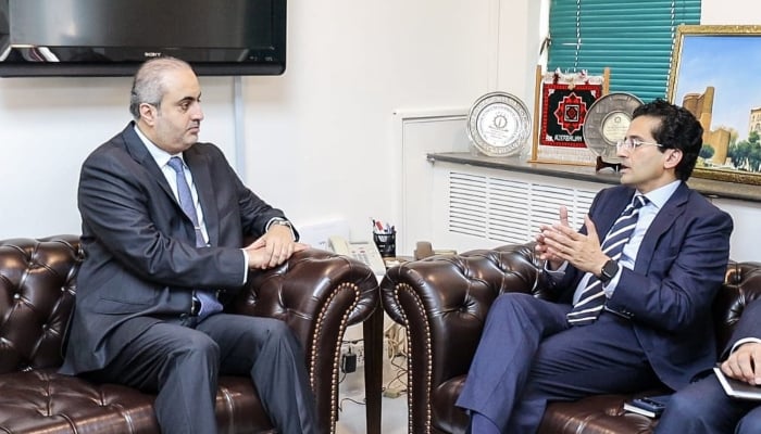 Petroleum Minister Ali Pervaiz Malik (right) speaks to Qatars Ambassador to Pakistan Ali bin Mubarak Al-Khater, Islamabad, May 14, 2026. — Petroleum Division