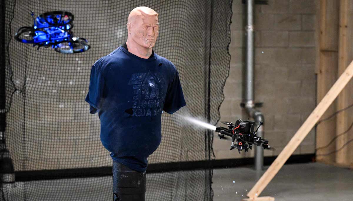 A drone fires inert gas at a mannequin, during a demonstration on how to neutralize a shooter in a school, held at the headquarters of the startup Campus Guardian Angel on May 8, 2026, in Austin, Texas.— AFP