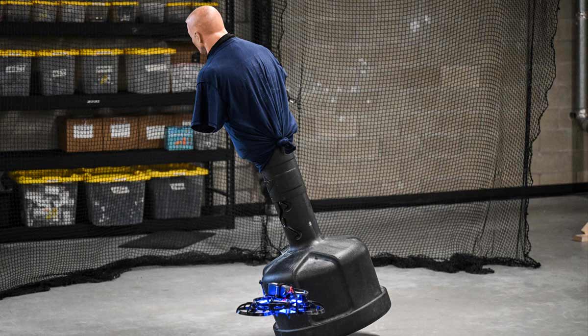 A mannequin falls after being struck by a drone during a demonstration on how to neutralise a shooter at a school, at the headquarters of the startup Campus Guardian Angel on May 8, 2026, in Austin, Texas.— AFP