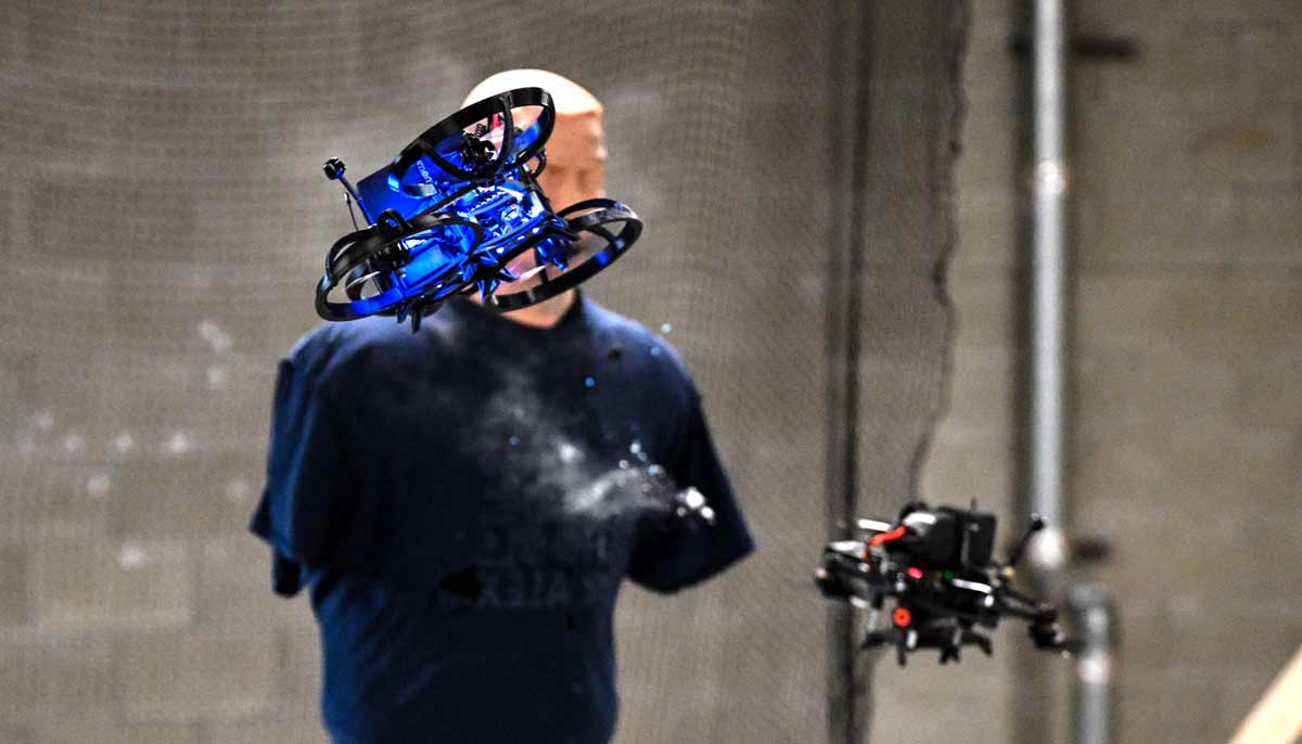 Drones fly around a mannequin during a demonstration on how to neutralise a shooter in a school, at the headquarters of the startup Campus Guardian Angel on May 8, 2026, in Austin, Texas.— AFP