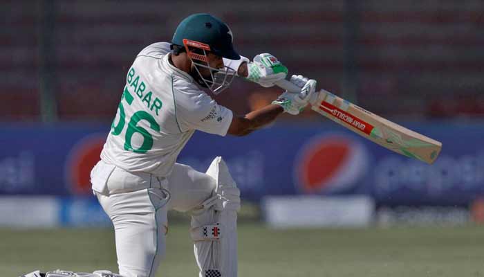Pakistans captain Babar Azam plays a shot during Test match against England in the National Bank Stadium Karachi. — Reuters/File
