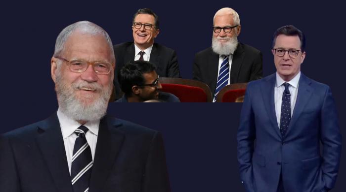 Colbert welcomes Letterman as they crash CBS logo with 'The Late Show' props