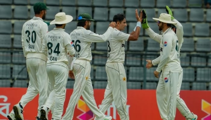 Pakistani players celebrate after taking a wicket during the second against Bangladesh at the Sylhet International Cricket Stadium on May 16, 2026. — BCB