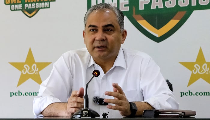Pakistan Cricket Board chairman and the countrys interior minister Mohsin Naqvi speaks during a press conference in Lahore on March 22, 2026. — AFP
