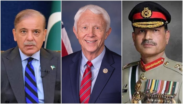 (From left to right) Prime Minister Shehbaz Sharif, US Congressman Jack Bergman and Chief of Defence Forces (CDF) and Chief of the Army Staff Field Marshal Asim Munir. — Reuters/ISPR/bergman.house/File