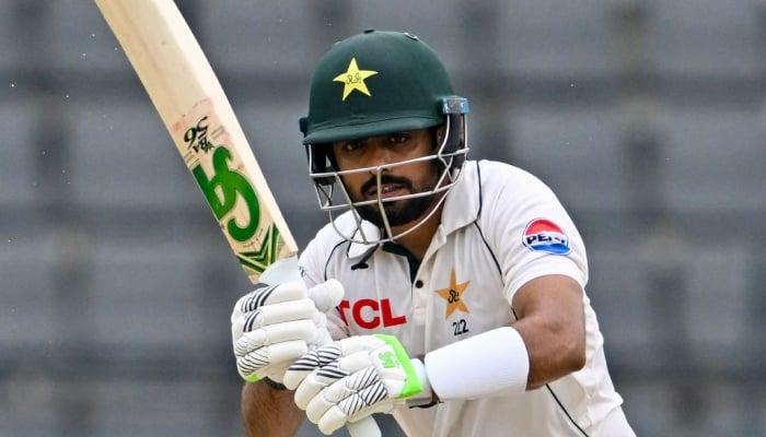 Pakistan’s Babar Azam plays a shot during the second day of the second Test against Bangladesh and Pakistan at the Sylhet International Cricket Stadium in Sylhet, May 17, 2026. — AFP