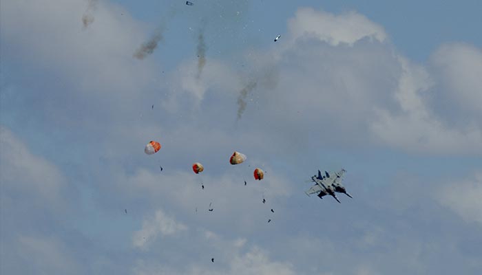 Four crew members of military jets eject safely following a mid-air collision during the Idaho air show outside Mountain Home Air Force Base in Idaho, US May 17, 2026, in this screengrab obtained from a handout video. — Reuters