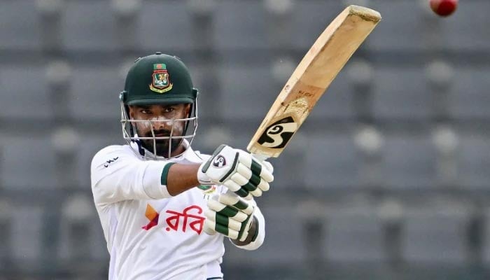 Bangladeshs Litton Das plays a shot during the third day of the second Test match against Pakistan at the Sylhet International Cricket Stadium in Sylhet on May 18, 2026. - AFP