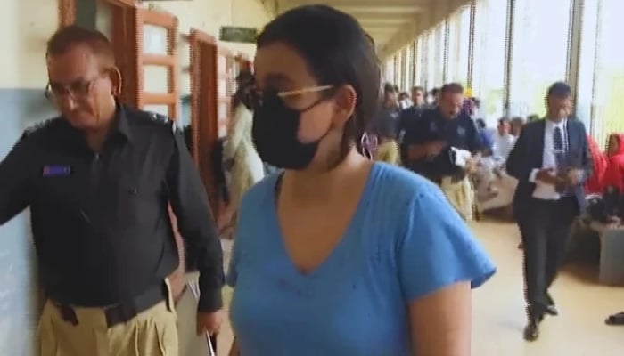 Police produce alleged drug peddler Anmol alias Pinky before a local court in Karachi on May 12, 2026. — Screengrab via YouTube/Geo News