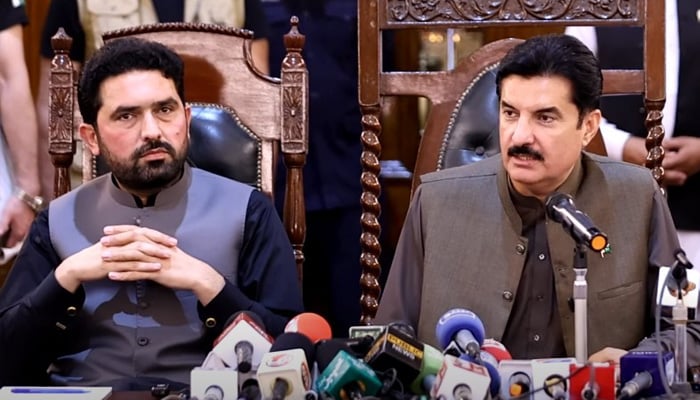 KP Governor Faisal Karim Kundi (right) speaks during a joint presser alongside Chief Minister Sohail Afridi in Peshawar, May 18, 2026. — Screengrab via Facebook/Muhammad Sohail Afridi