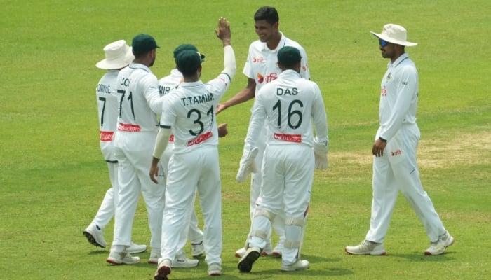 Bangladeshi players celebrate after taking a wicket against Pakistan in the second Test at Sylhet International Cricket Stadium on May 19, 2026. — BCB