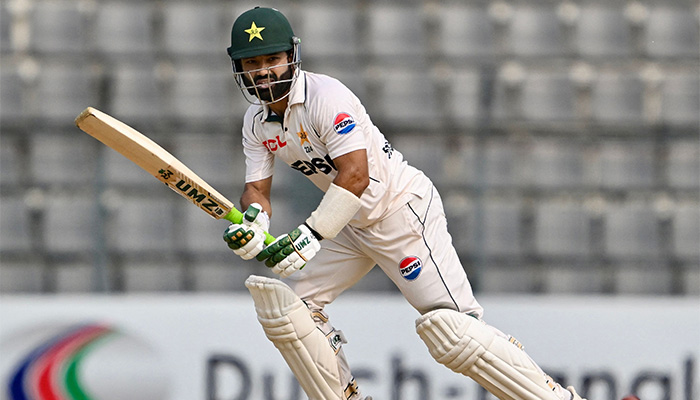 Pakistans Muhammad Rizwan plays a shot during the fourth day of the second Test cricket match between Bangladesh and Pakistan at the Sylhet International Cricket Stadium in Sylhet on May 19, 2026. — AFP
