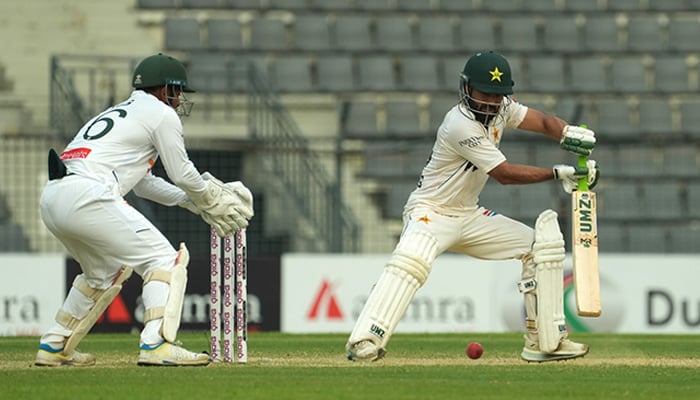 Pakistans Muhammad Rizwan plays a shot during the fourth day of the second Test cricket match between Bangladesh and Pakistan at the Sylhet International Cricket Stadium in Sylhet on May 19, 2026. — PCB