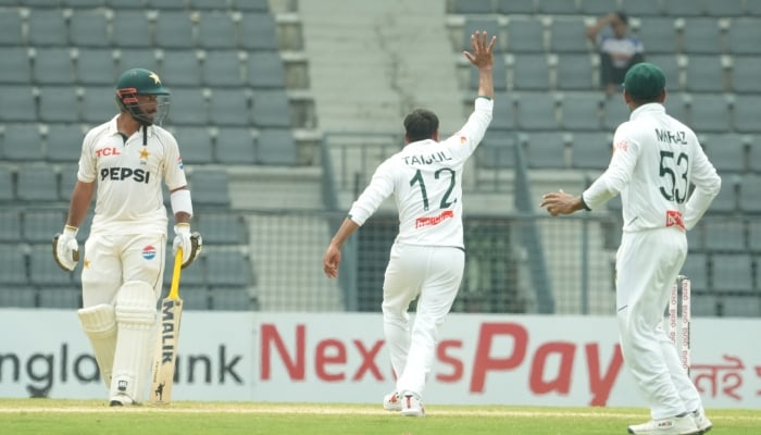 Bangladesh’s Taijul Islam appeals on day five of the second Test at Sylhet International Cricket Stadium on May 20, 2026. — BCB