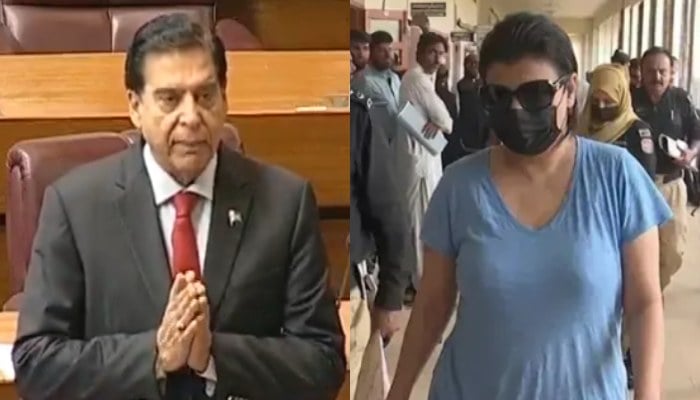 (Left to right) Former prime minister Raja Pervaiz Ashraf addresses the National Assembly and alleged drug queenpin Anmol alias Pinky. — X/@NaofPakistan/GeoNews/File