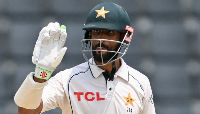 Pakistan captain Shan Masood celebrates after scoring a half-century during the fourth day of the second Test against Bangladesh at the Sylhet International Cricket Stadium in Sylhet, May 19, 2026. — AFP