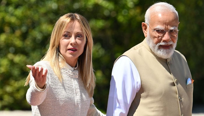 Italy’s prime minister Giorgia Meloni welcomes her counterpart India’s Narendra Modi for a meeting at Villa Doria Pamphili in Rome on May 20, 2026. — AFP